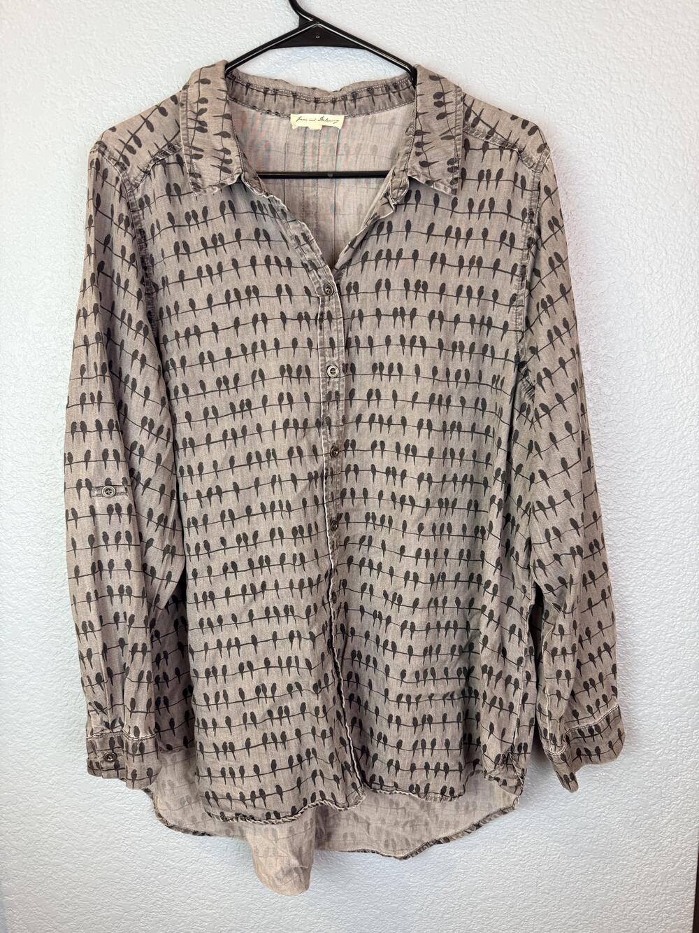 Jane And Delancey Shirt Womens Gray Bird Print Button Up Lyocell Tunic